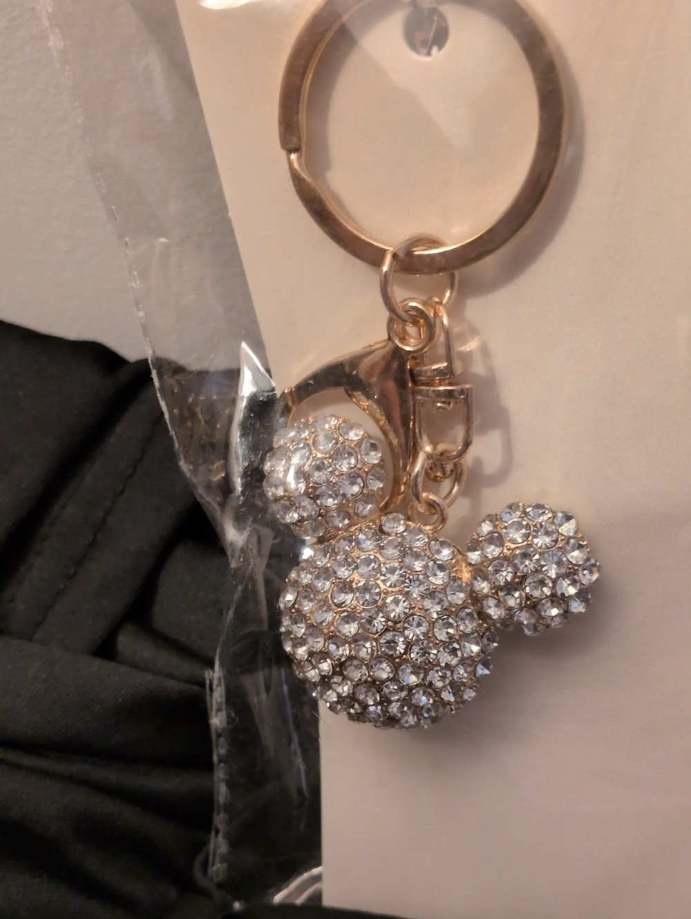Crystal Mickey-Style Gold Bag Charm/Keychain Charm - Clear Crystal